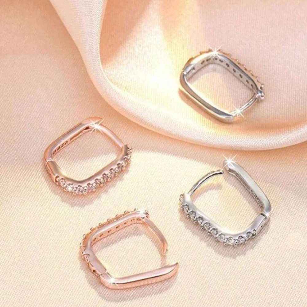 Sterling Silver Cubic Zirconia Rectangular Hoop Earrings
